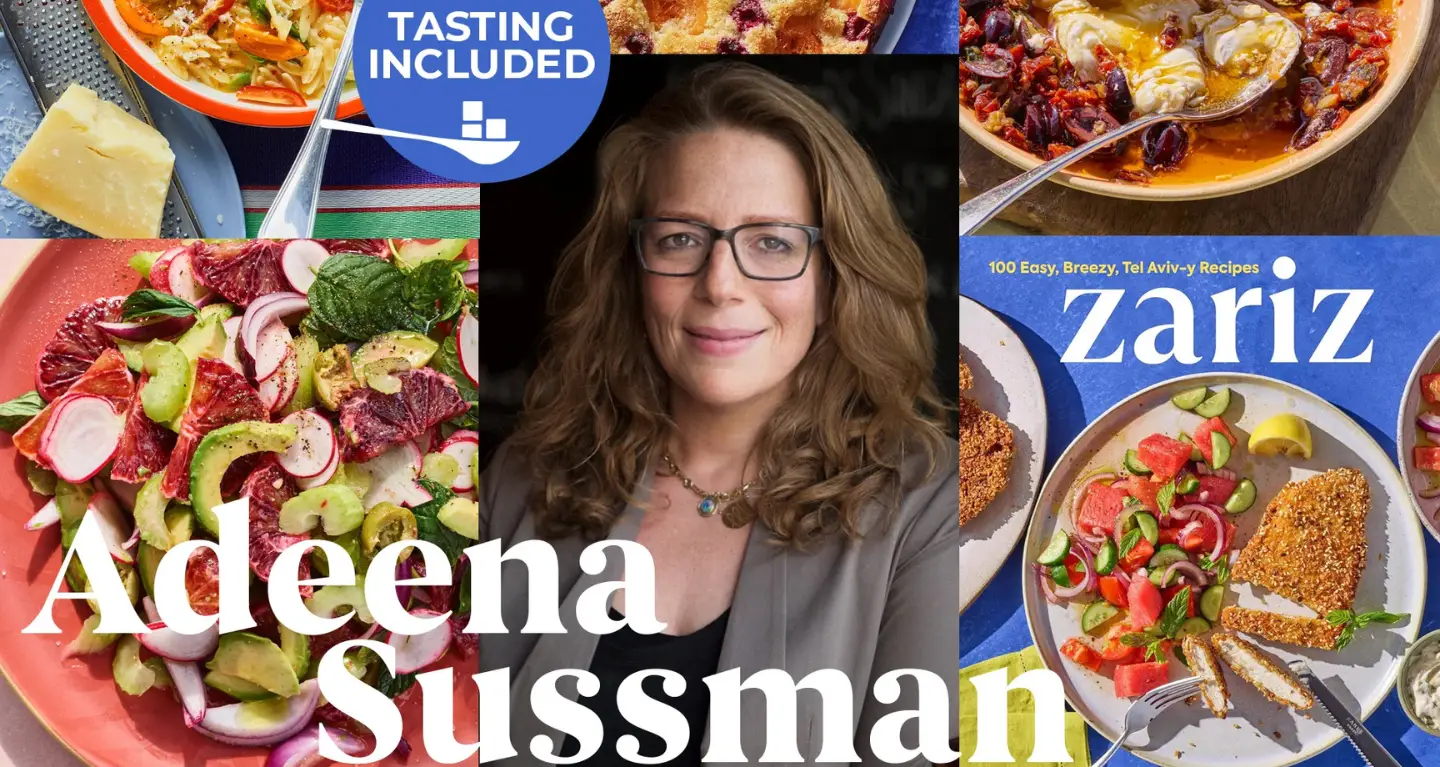 Adeena Sussman with colorful dishes and the cover of her cookbook Zariz, celebrating Jewish culinary tradition.