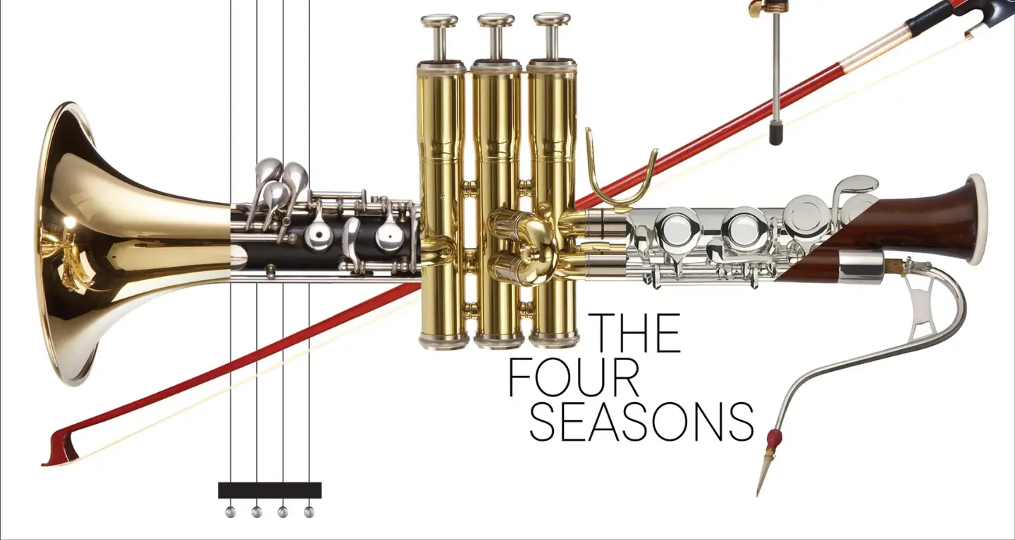A collage of trumpet, violin, and clarinet parts creates a unified instrument above the text “THE FOUR SEASONS” at Temple Emanu-El.