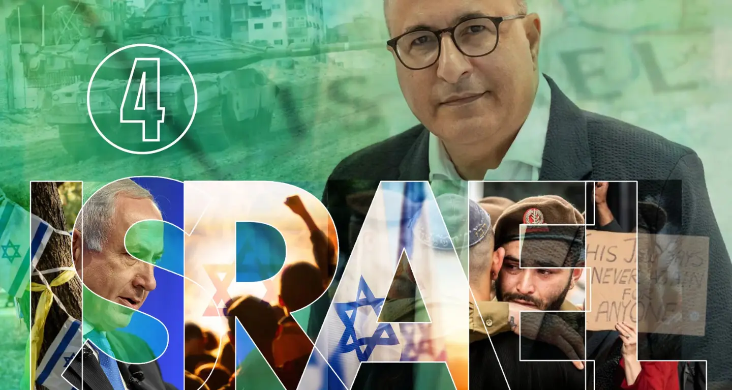 A collage showing an older man, peaceful gatherings related to Israel, and the word ISRAEL filled with symbolic images.