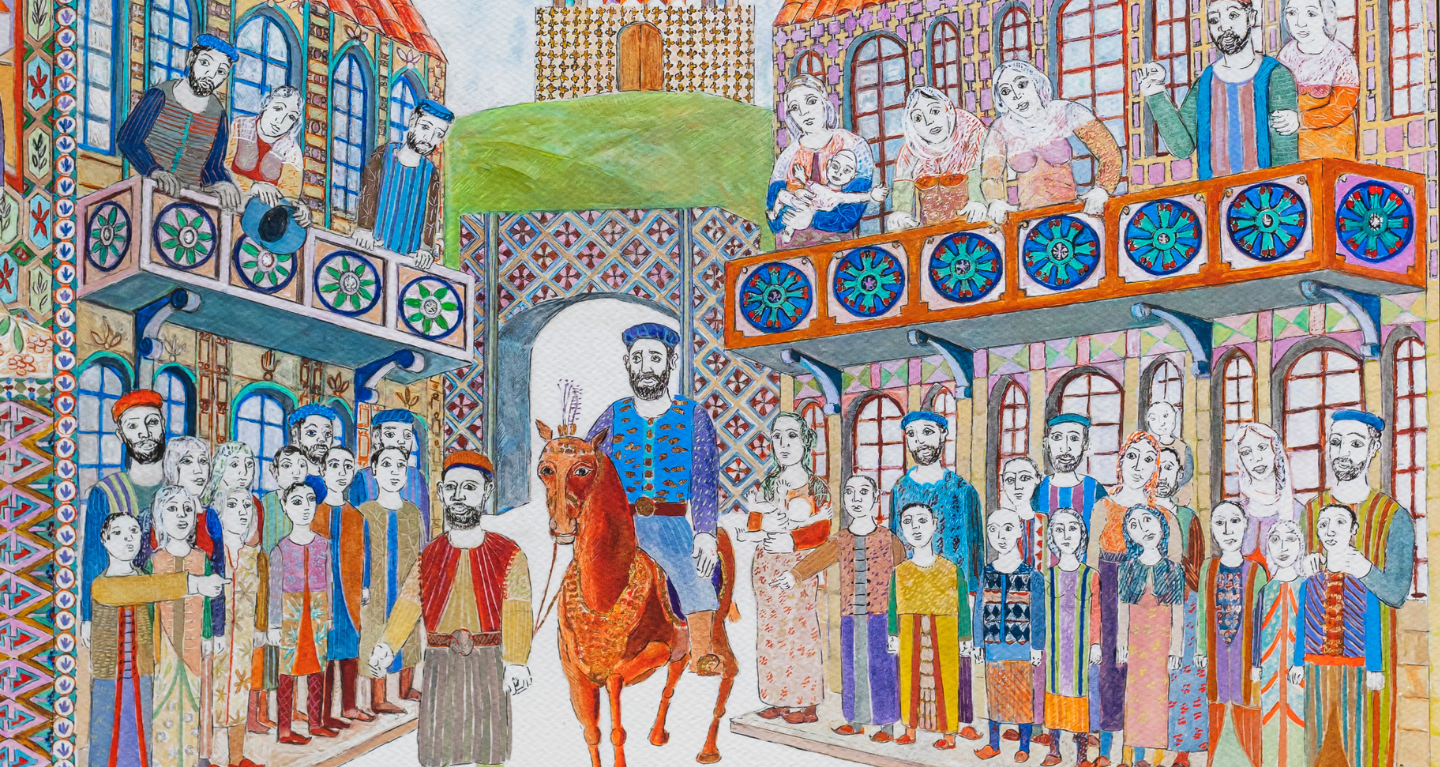 Colorful medieval-style illustration of a man on horseback entering a city, welcomed by joyful crowds lining balconies and streets.