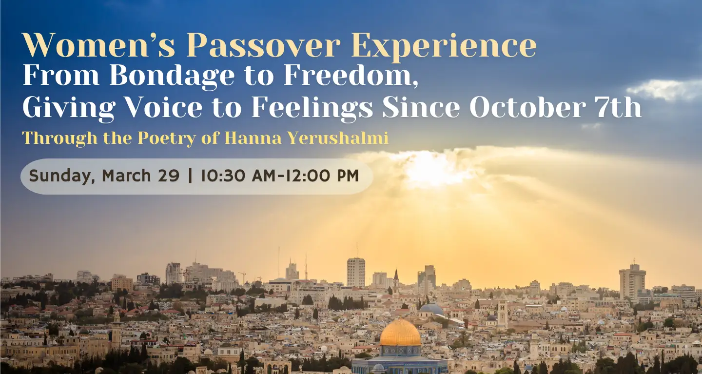 Event flyer: Women’s Passover Experience above New York City skyline, Sunday, March 29, 10:30 AM–12:00 PM.
