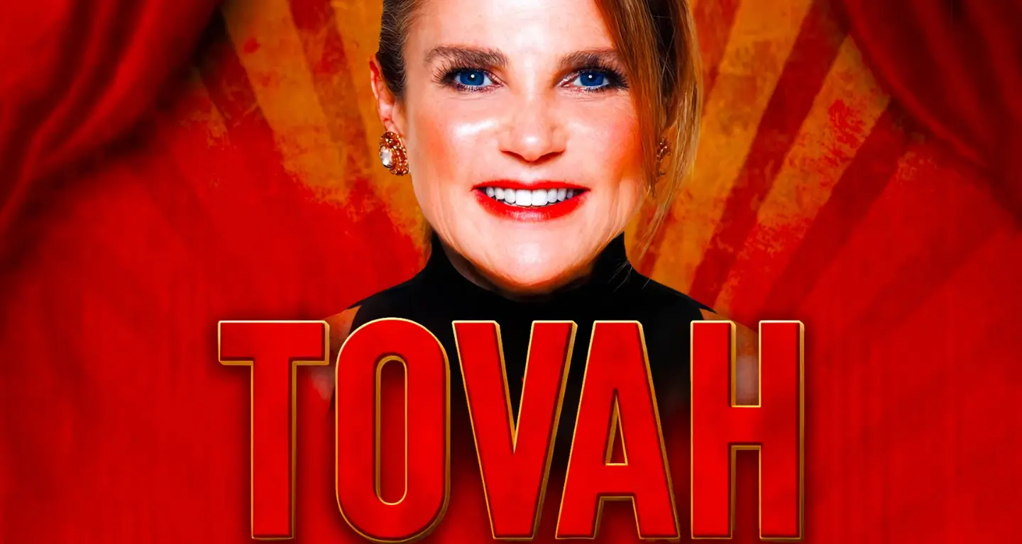 Smiling woman with blue eyes and red lipstick above large bold text TOVAH on a vibrant red background, welcoming all.