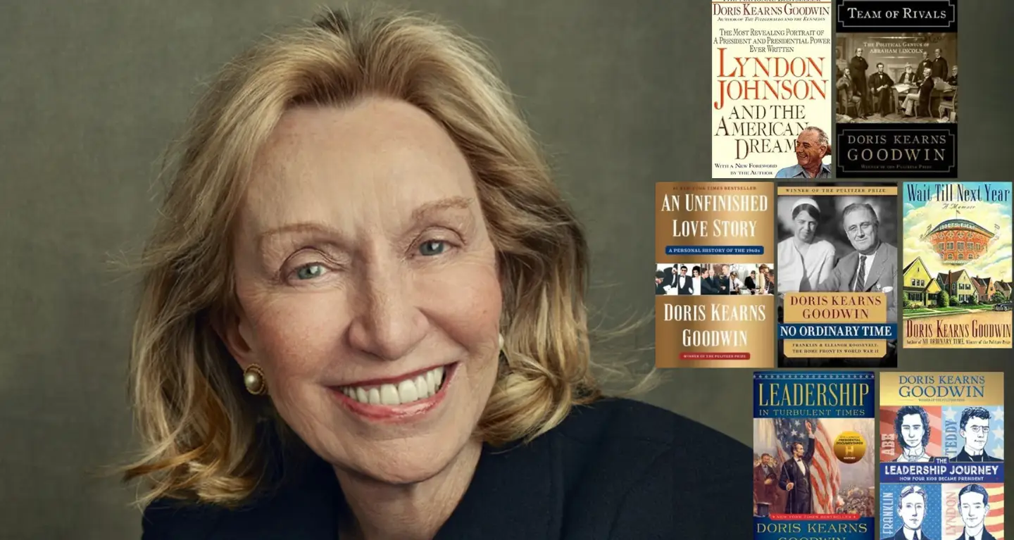 Smiling woman with blonde hair; books by historian Doris Kearns Goodwin shown on the right, reflecting her literary contributions.