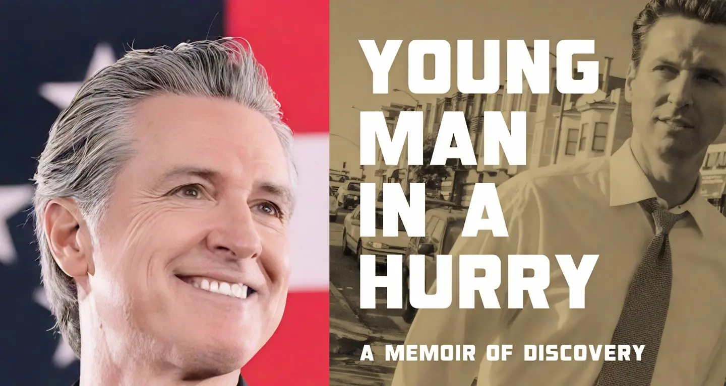 Smiling man standing before a US flag, beside text: Young Man in a Hurry: A Memoir of Discovery, featured at Temple Emanu-El.