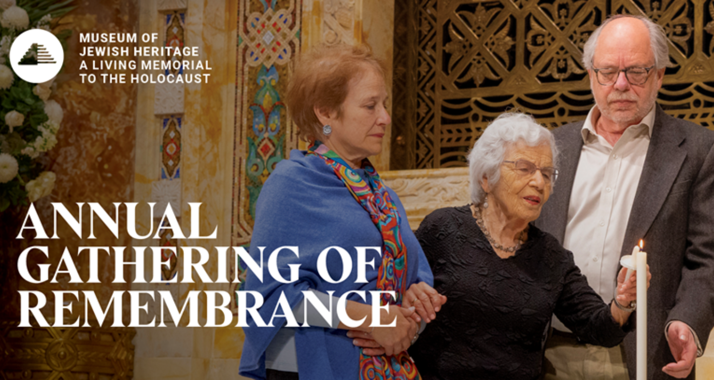 Three people light a candle at a remembrance event; Temple Emanu-El, New York City text appears on the left.