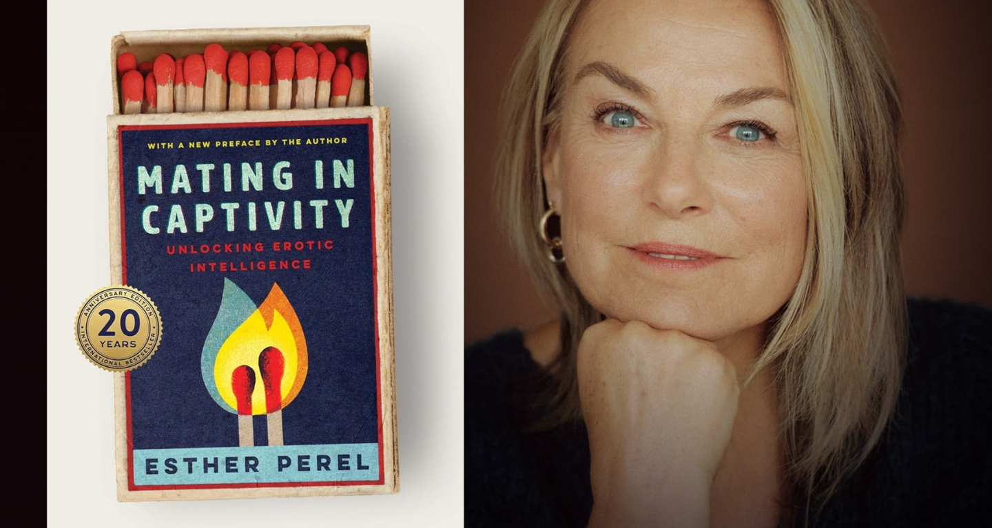 A book titled "Mating in Captivity" by Esther Perel next to a close-up portrait of a woman with blue eyes.