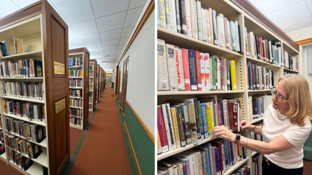 Books neatly arranged on library shelves at Temple Emanu-El; a woman searches for a book in the second image.