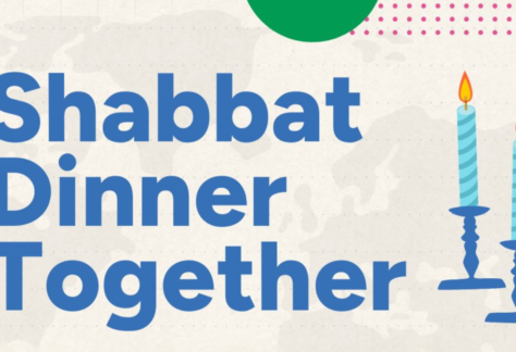 Text reads "Shabbat Dinner Together" with two lit Shabbat candles in elegant holders to the right of the text.