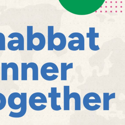 Text reads "Shabbat Dinner Together" with two lit Shabbat candles in elegant holders to the right of the text.