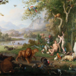 Adam and Eve stand in a vibrant garden filled with diverse animals, trees, birds, and a scenic landscape in the background.