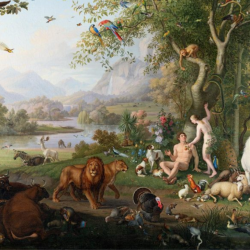 Adam and Eve stand in a vibrant garden filled with diverse animals, trees, birds, and a scenic landscape in the background.