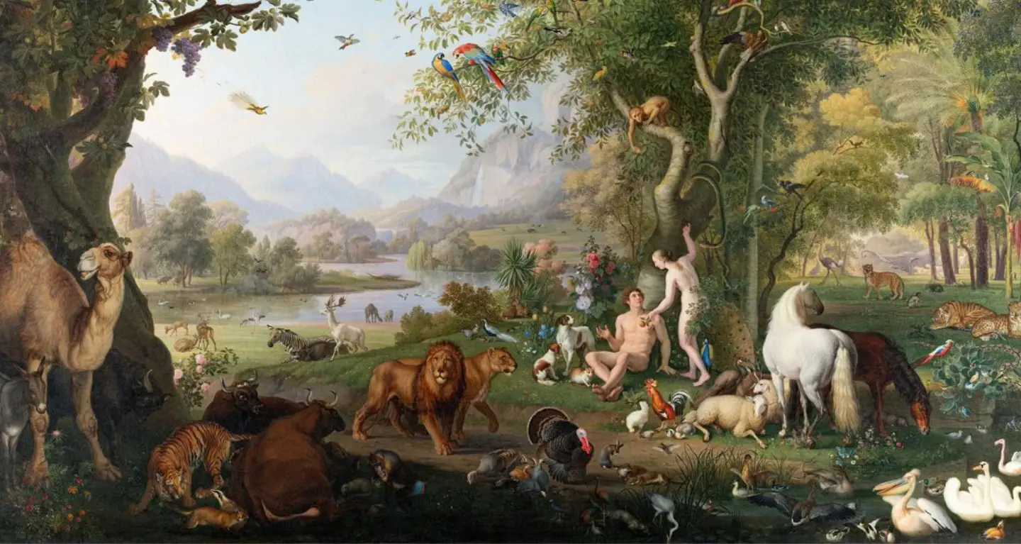 Adam and Eve stand in a vibrant garden filled with diverse animals, trees, birds, and a scenic landscape in the background.