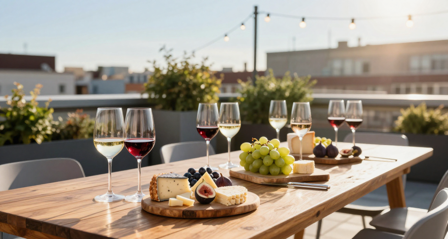 A wooden table outdoors with glasses, cheese, grapes, and figs arranged for an elegant rooftop gathering at Temple Emanu-El.