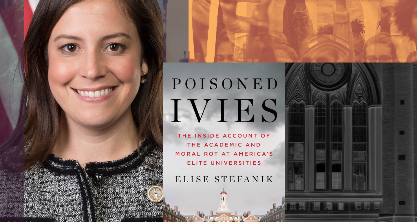 A woman smiles next to the cover of "Poisoned Ivies" by Elise Stefanik, a book discussing elite universities.