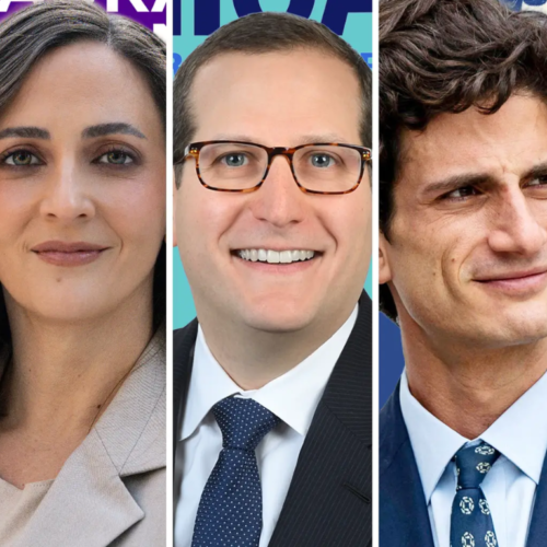 Five warmly smiling professionals in business attire, set against vibrant backgrounds, representing Temple Emanu-El’s diverse community.