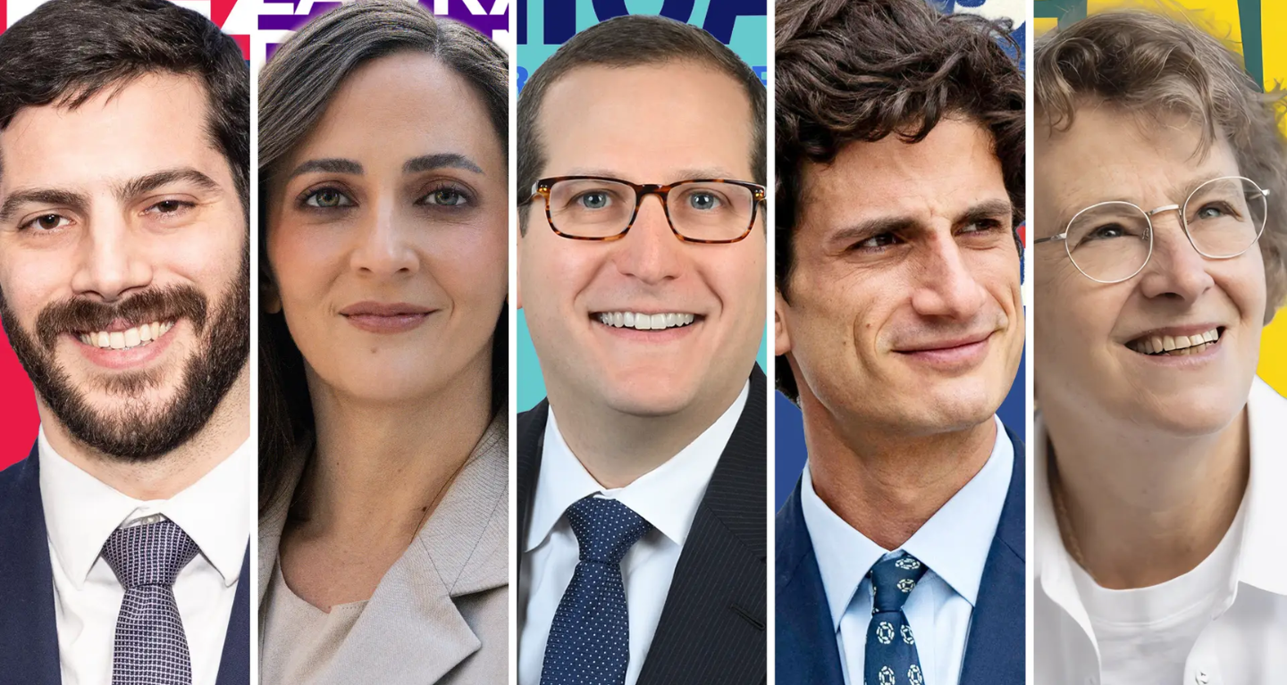 Five warmly smiling professionals in business attire, set against vibrant backgrounds, representing Temple Emanu-El’s diverse community.