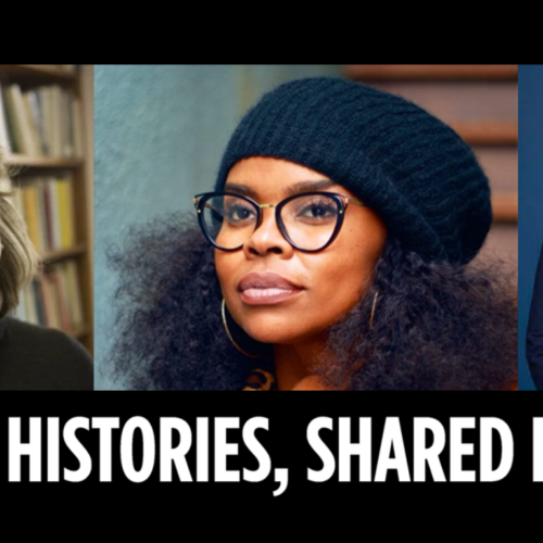 Three people smiling warmly, with the words Shared Histories, Shared Futures displayed below, representing Temple Emanu-El.