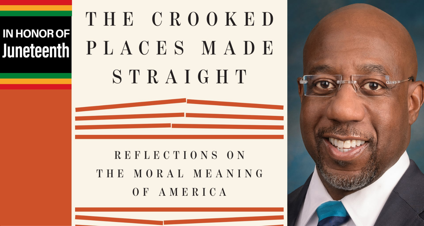 Book cover for The Crooked Places Made Straight featuring a smiling man and a Juneteenth banner on the left side.