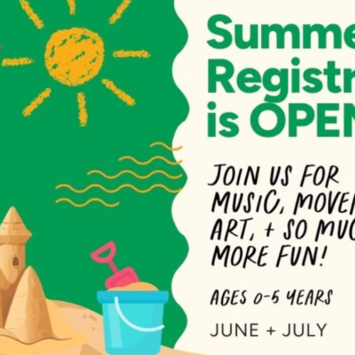 Colorful summer camp flyer with sandcastle, sun, and text: Temple Emanu-El Summer Registration Open! Ages 0-5, June & July.