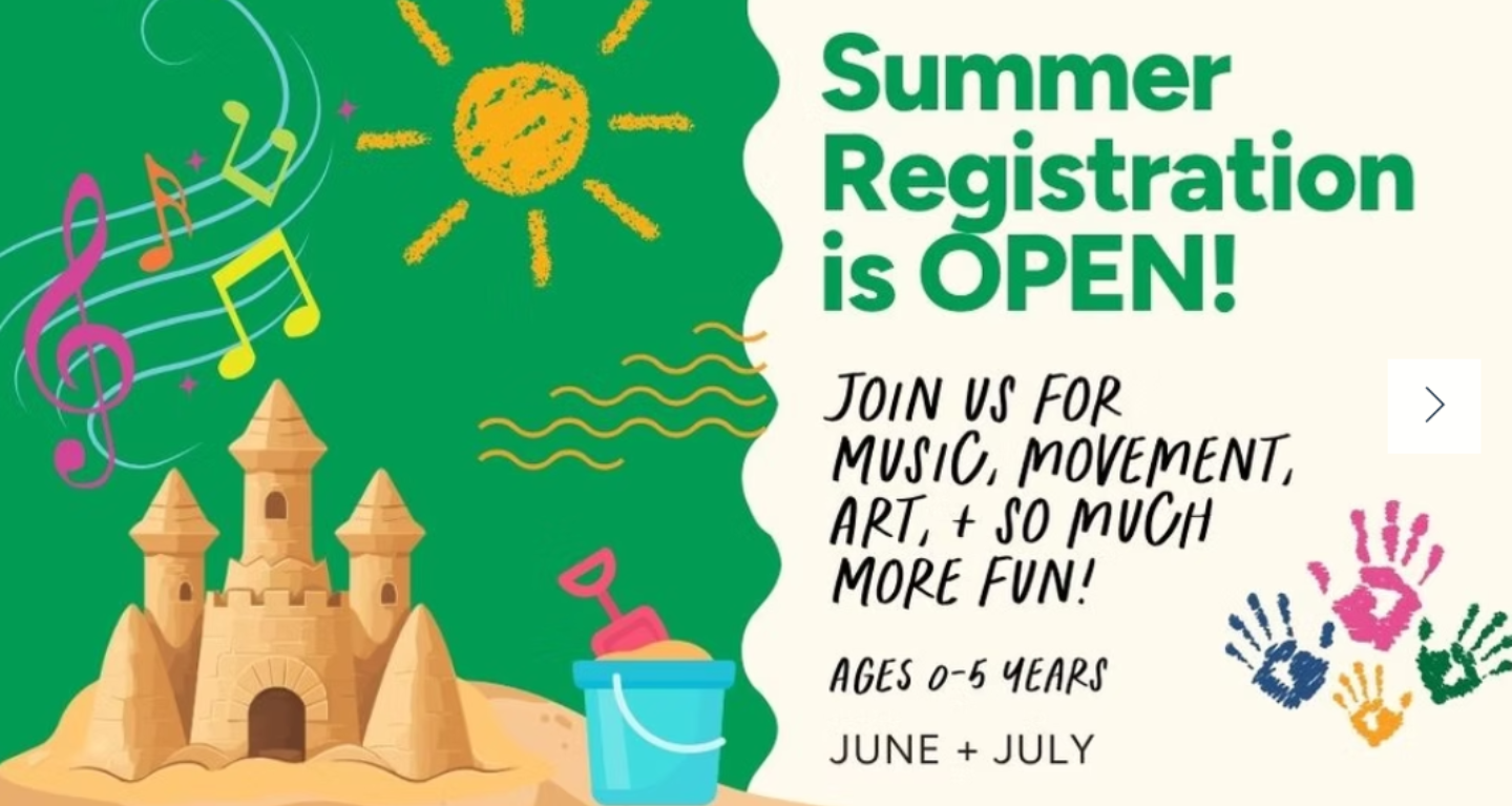 Colorful summer camp flyer with sandcastle, sun, and text: Temple Emanu-El Summer Registration Open! Ages 0-5, June & July.