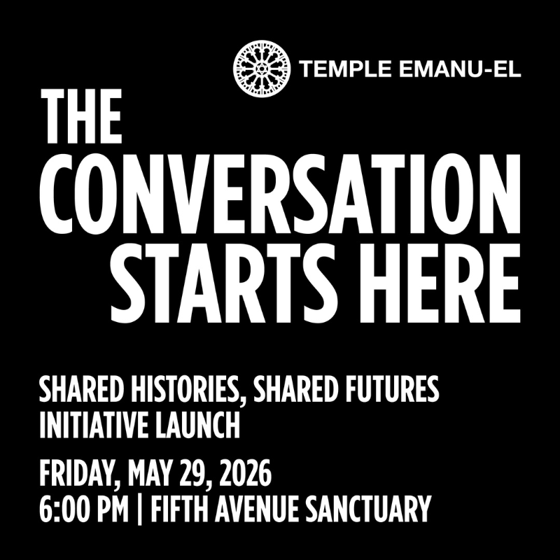 Black background with white text: The Conversation Starts Here, Temple Emanu-El event information for May 29, 2026.