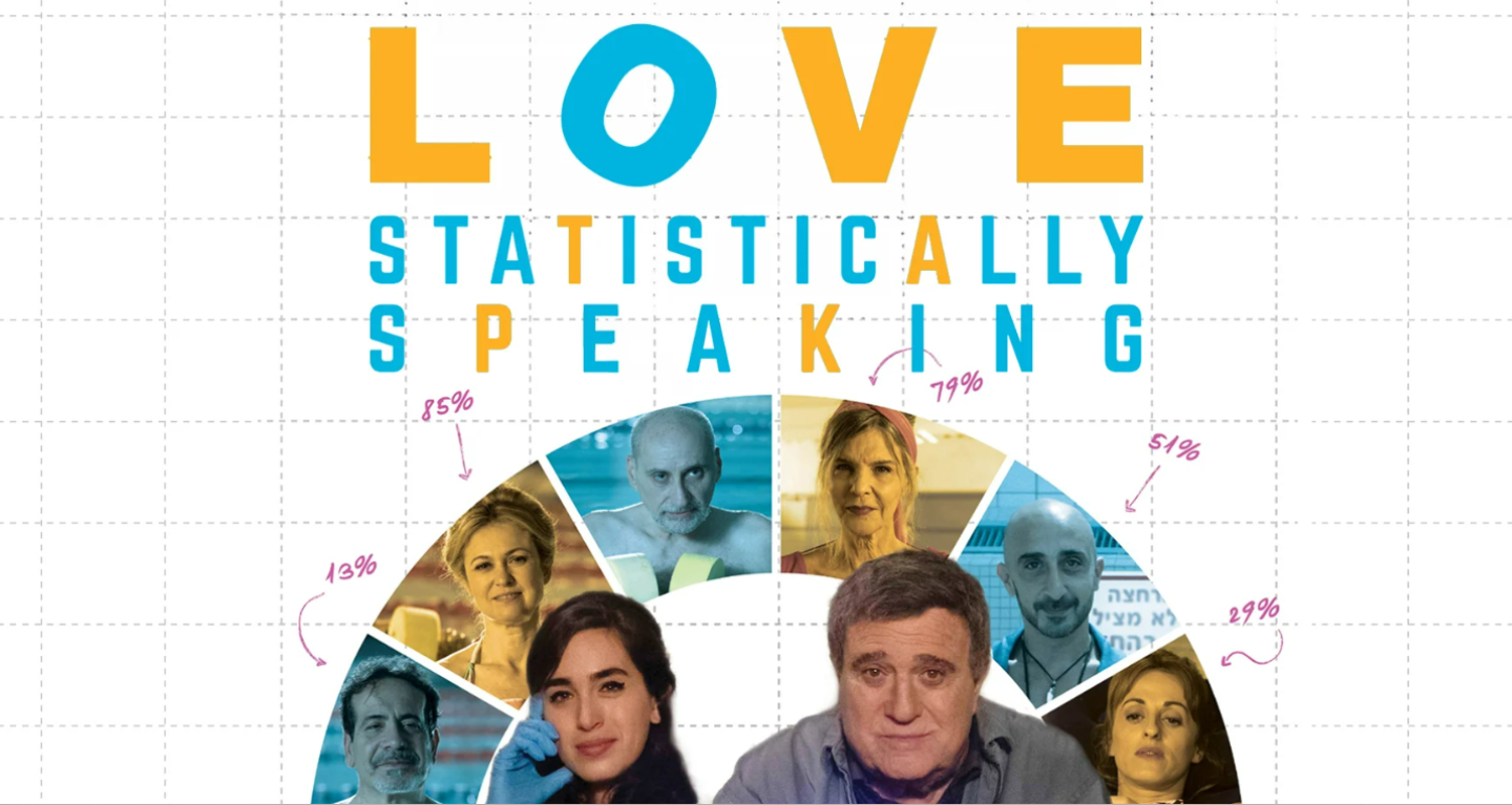 Vibrant LOVE STATISTICALLY SPEAKING text above photos of diverse individuals, each with a percentage displayed next to their face.