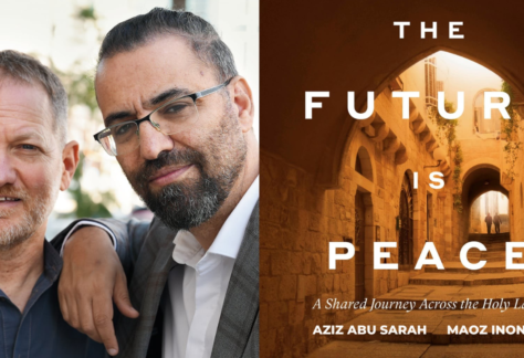 Two men share a warm smile beside a book titled The Future Is Peace, displayed with an archway background.
