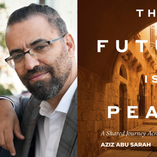 Two men share a warm smile beside a book titled The Future Is Peace, displayed with an archway background.