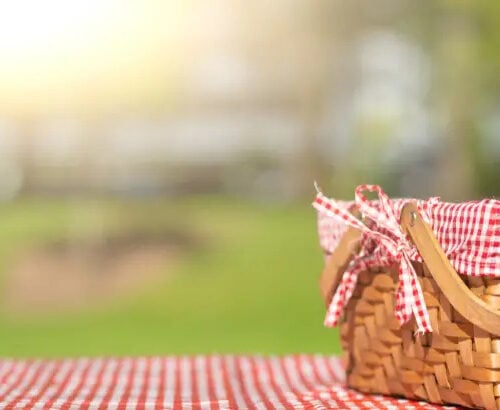 A picnic basket with a red and white checkered cloth on a matching tablecloth, set outside in the sun at Temple Emanu-El.