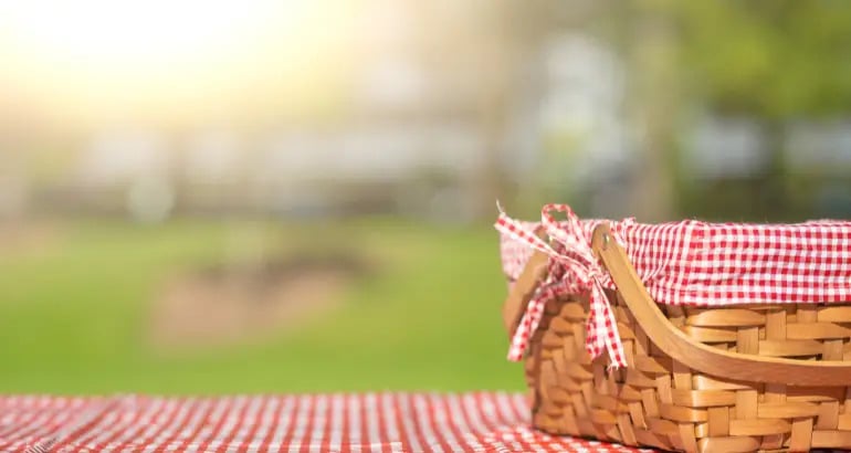 A picnic basket with a red and white checkered cloth on a matching tablecloth, set outside in the sun at Temple Emanu-El.