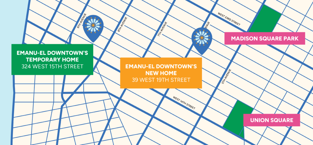 Map depicting Emanu-El Downtown’s temporary and permanent locations, along with the nearby Madison Square and Union Square parks in New York City.
