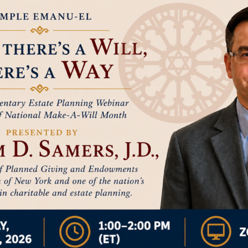 A man in a suit appears on a Temple Emanu-El webinar flyer about estate planning, taking place July 21, 2026, via Zoom.