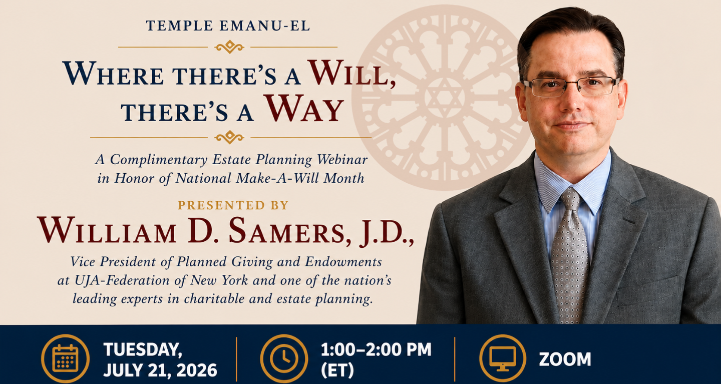 A man in a suit appears on a Temple Emanu-El webinar flyer about estate planning, taking place July 21, 2026, via Zoom.
