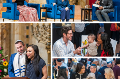 A diverse group gathers at Temple Emanu-El for panel discussions and socializing during a community event.
