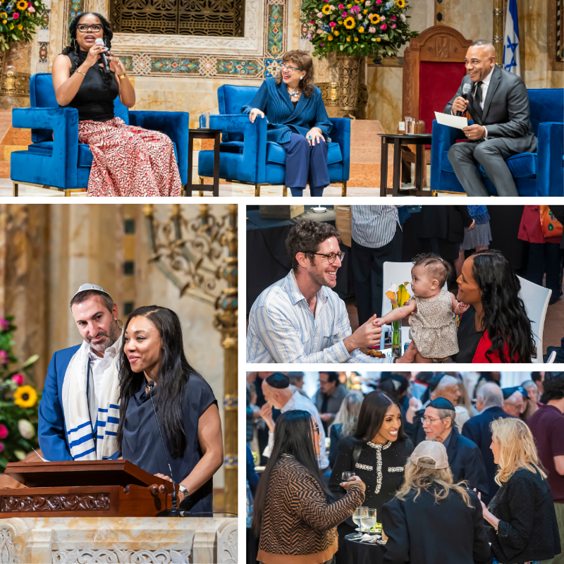 A diverse group gathers at Temple Emanu-El for panel discussions and socializing during a community event.
