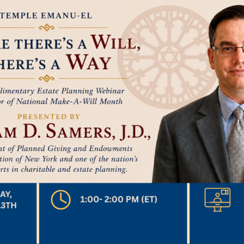 A man in a suit invites the Temple Emanu-El community to attend a webinar on estate planning, taking place August 13th at 1pm ET on Zoom.