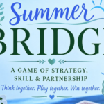 Temple Emanu-El Summer Bridge poster featuring flowers, playing cards, and the slogan: Build community. Play. Connect.