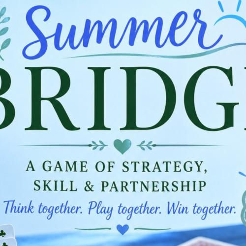 Temple Emanu-El Summer Bridge poster featuring flowers, playing cards, and the slogan: Build community. Play. Connect.