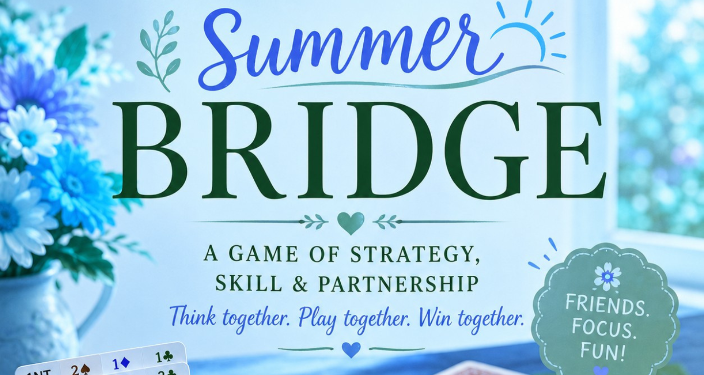 Temple Emanu-El Summer Bridge poster featuring flowers, playing cards, and the slogan: Build community. Play. Connect.