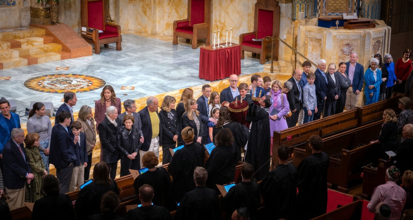 A group of people stands at the front of a sanctuary, facing clergy in robes during a ceremony at Temple Emanu-El.