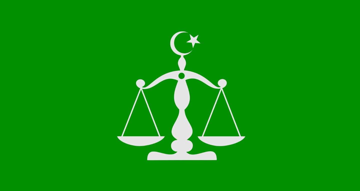 White scales of justice with a Star of David on a blue background.