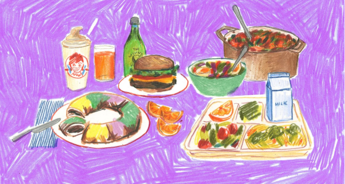 Colorful drawing of sandwiches, fresh salad, cake, milk, juice, oranges, and a tray of assorted food displayed on a purple background.