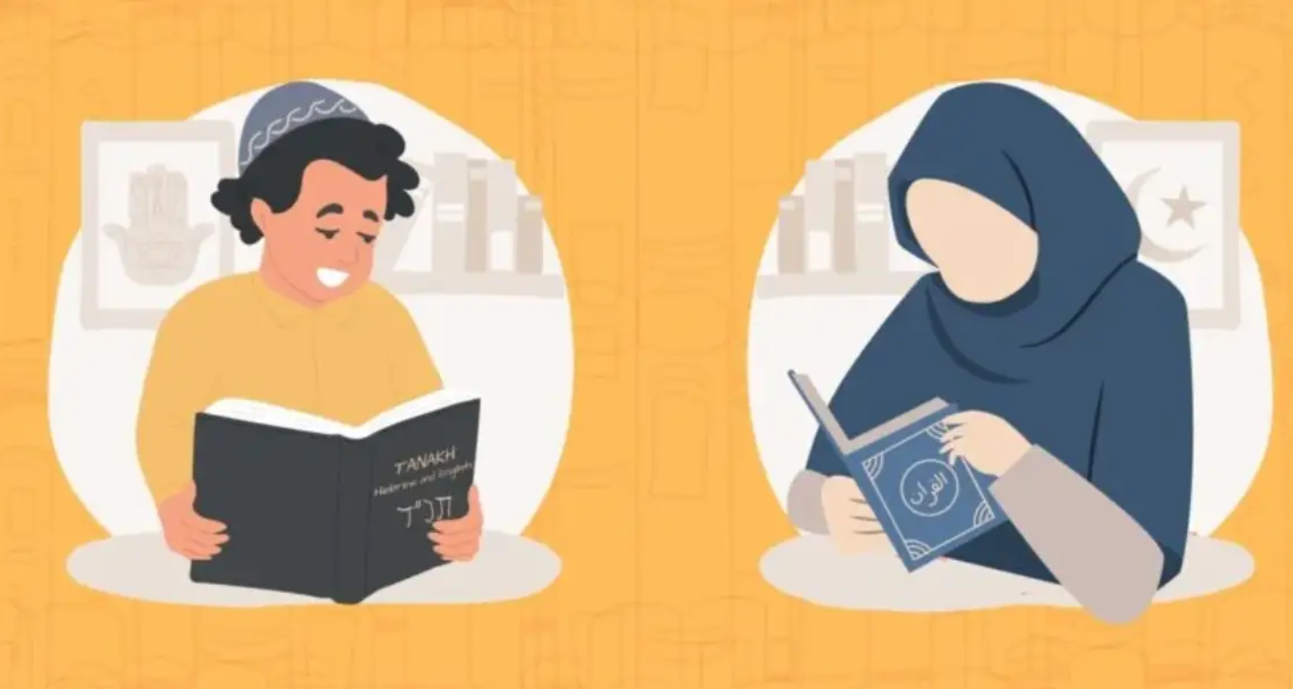 A boy reads from the Tanakh while sitting next to a girl in a hijab who is reading the Quran, both against a yellow background.