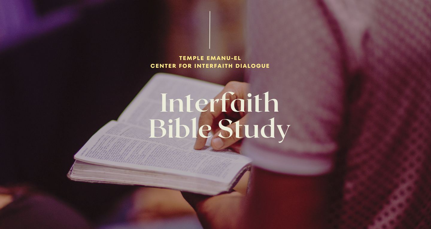Person holding an open Torah with the words Interfaith Text Study overlaid on the image.