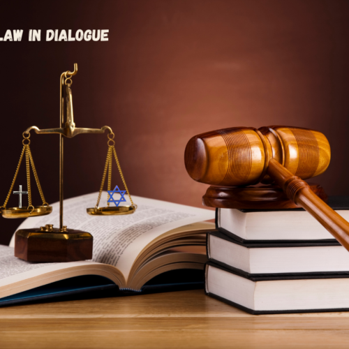 A gavel, balanced scales featuring a Star of David and a cross, and law books, with text above: Jewish & Catholic Law in Dialogue.