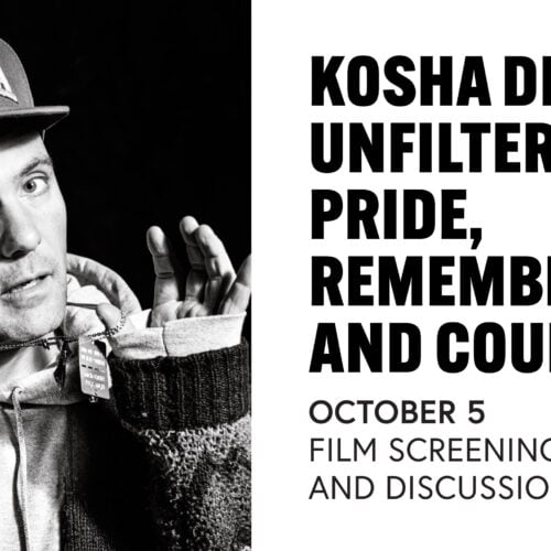 A man wearing a cap and hoodie poses in front of text that announces “KOSHA DILLZ UNFILTERED” film screening on October 5 at Temple Emanu-El.