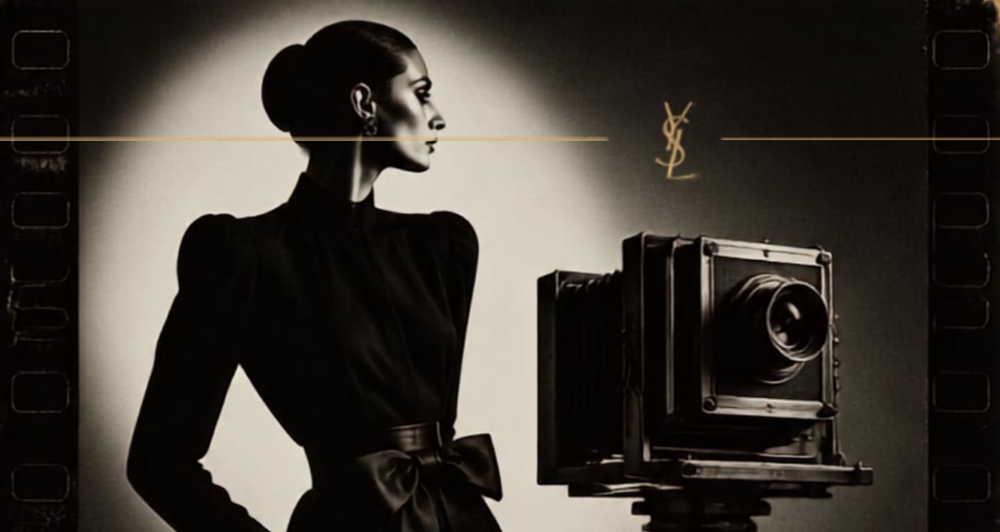 A woman in a modest dark dress stands beside a vintage camera, with an elegant background featuring soft, dramatic lighting.