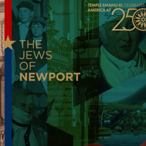 Collage featuring historical portraits and a synagogue, with text reading “The Jews of New York” and “Celebrating 250 Years of Jewish Community.”.