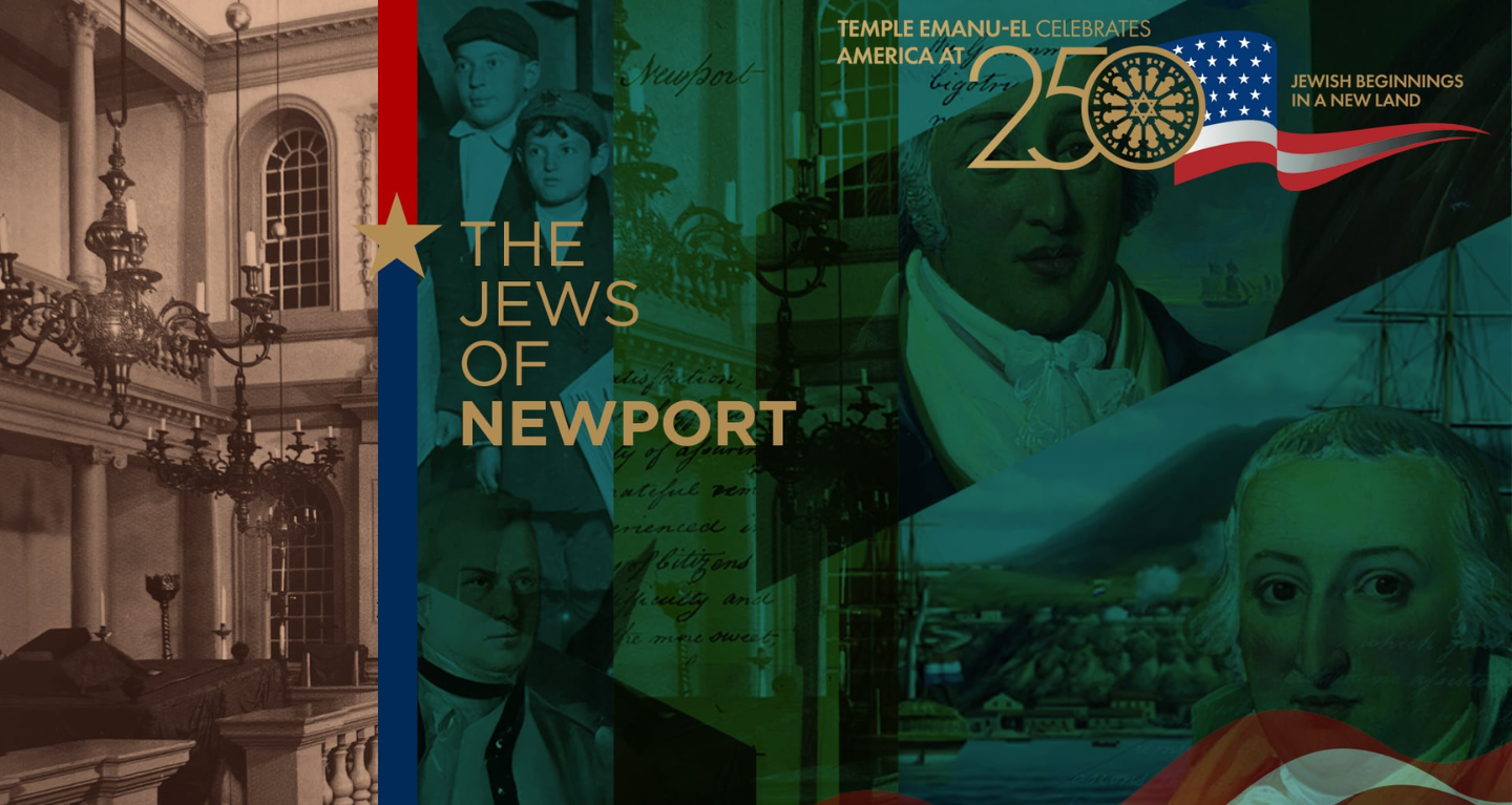Collage featuring historical portraits and a synagogue, with text reading “The Jews of New York” and “Celebrating 250 Years of Jewish Community.”.