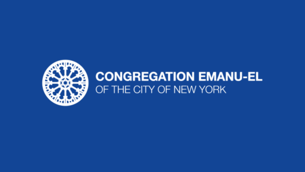 White rose window design and the words “Congregation Emanu-El of the City of New York” displayed on a blue background.